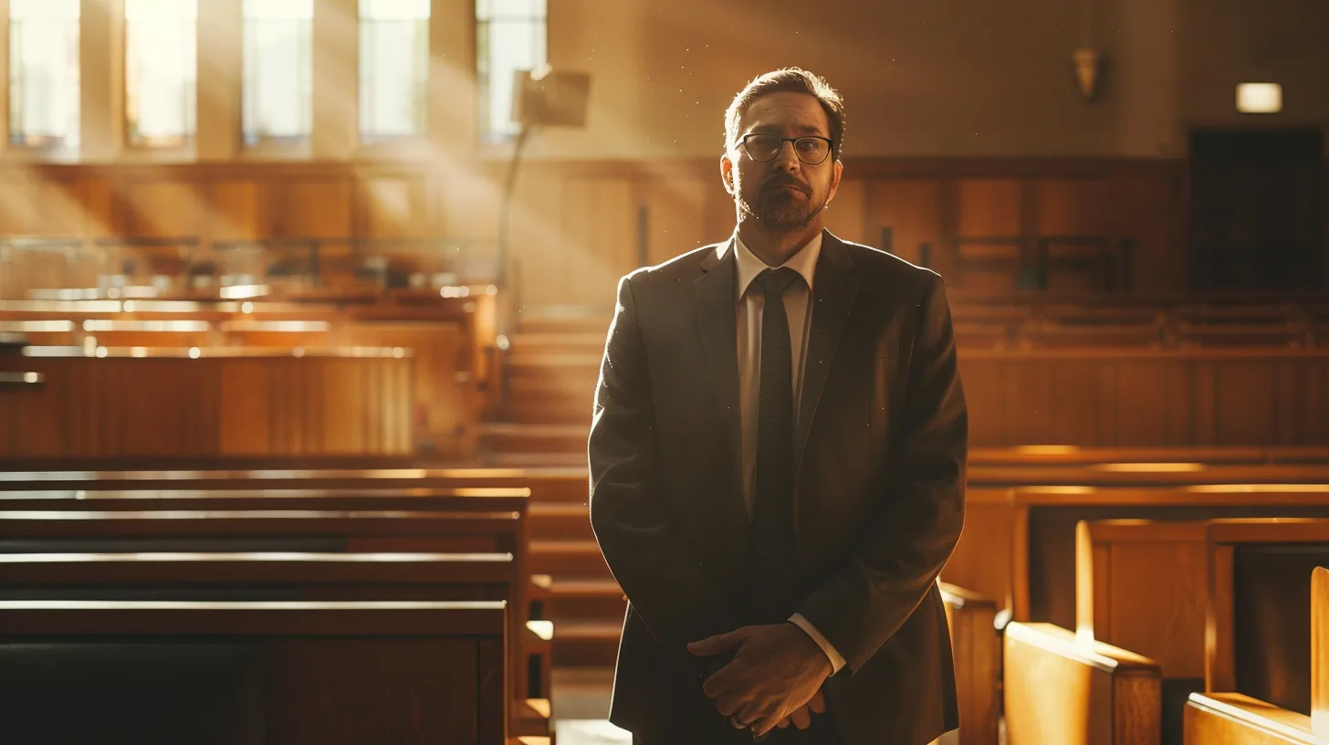 a confident lawyer stands in a modern, sunlit courtroom, passionately presenting a compelling defense strategy, surrounded by law books and a thoughtful jury, highlighting the theme of justice and integrity.