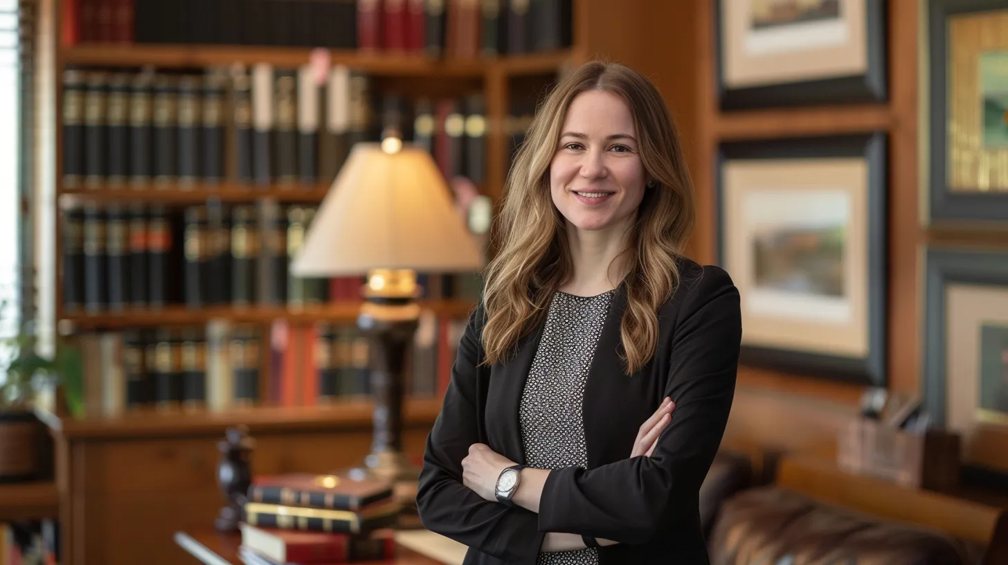a focused and determined expungement attorney stands confidently in a professional office, with law books and a warm, inviting ambiance highlighting their commitment to helping clients seek a fresh start.