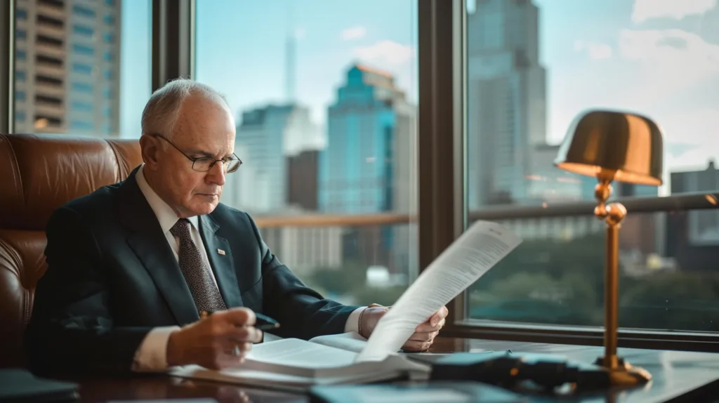 a focused attorney sits in a sleek, modern office, attentively reviewing legal documents related to hit and run cases, with a city skyline visible through the large window, emphasizing the seriousness and complexity of criminal defense.