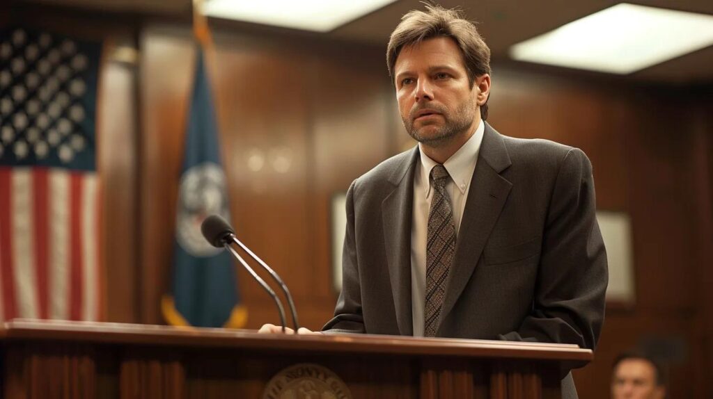 a focused courtroom scene showcases a determined defense lawyer presenting forensic evidence, illuminated by dramatic overhead lights, as tense expressions fill the room, underscoring the high stakes of a violent crime trial.