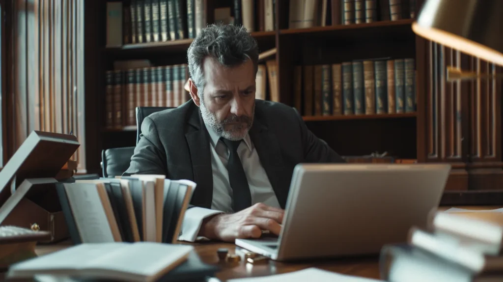 a focused lawyer in a polished office setting, surrounded by legal files and a laptop, is engaged in a strategic consultation with a concerned client, capturing the essence of expert guidance in theft crime defense.