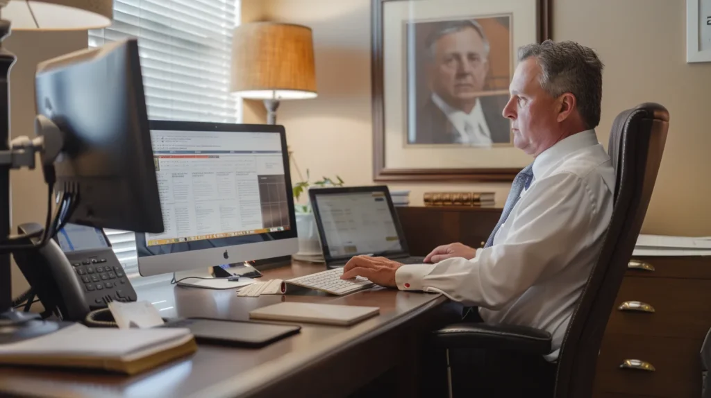 a focused office scene captures a confident individual sitting at a sleek desk, intently examining a computer screen filled with legal directories and client testimonials, while a notepad, pen, and a laptop nearby suggest strategizing for hiring the right expungement attorney.