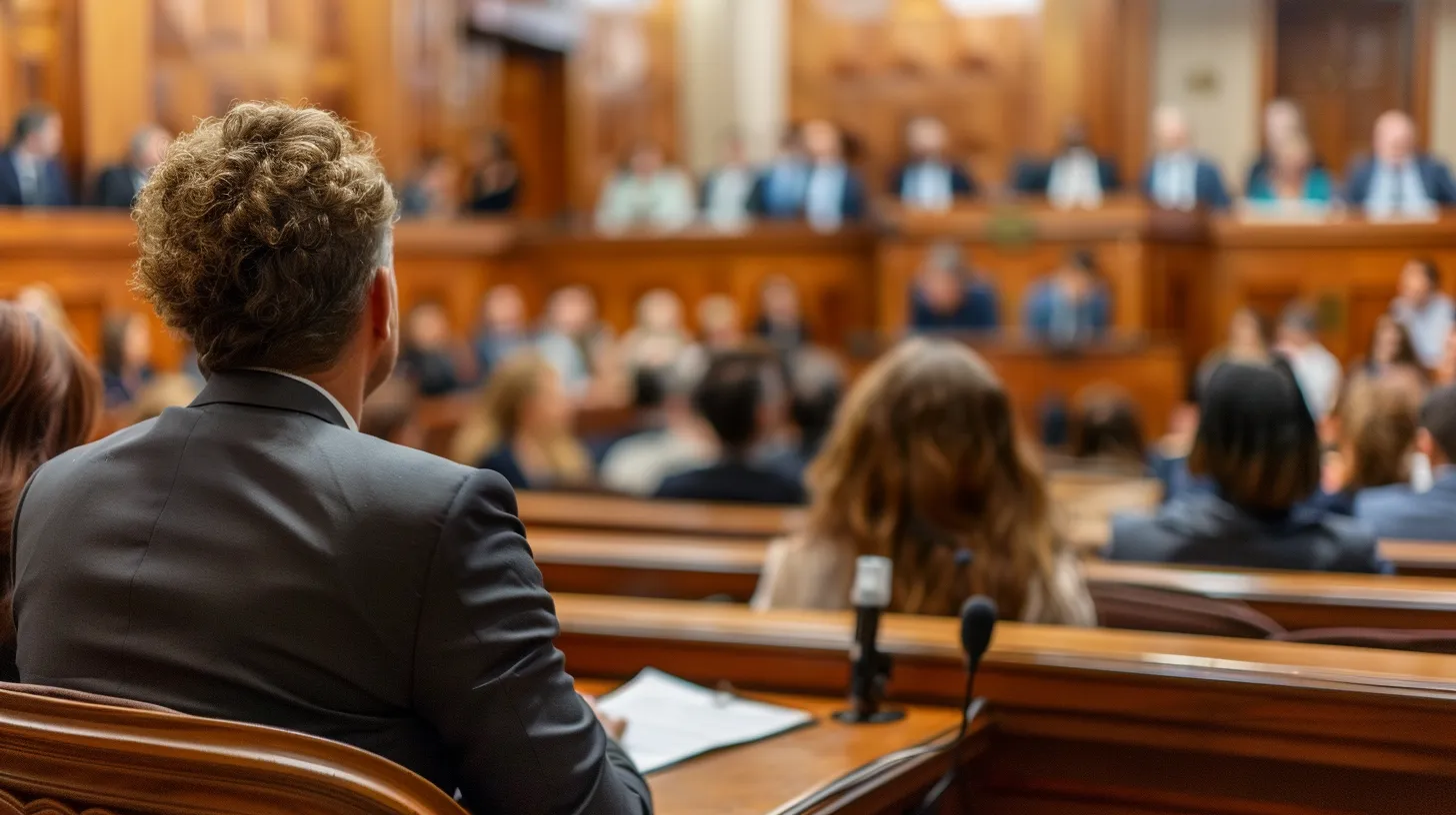 a powerful courtroom scene features a determined domestic violence attorney confidently presenting a case, surrounded by somber, focused faces of jurors and the judge, conveying a sense of justice and advocacy in a modern legal setting.