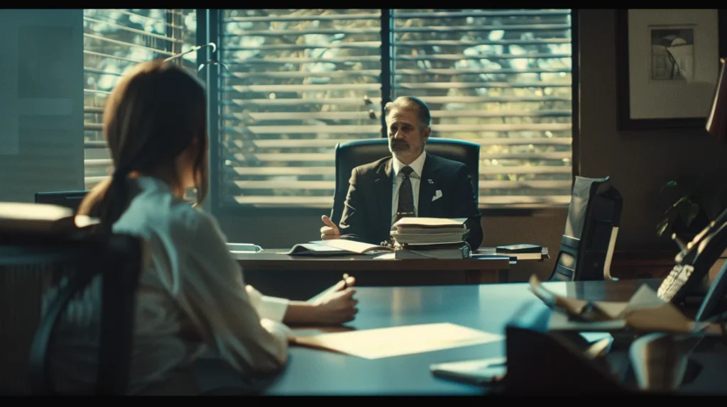 a professional office setting in fullerton features a determined defense attorney discussing expungement strategies with a former client, surrounded by legal documents that symbolize the transformative impact of clearing criminal records on future employment prospects.