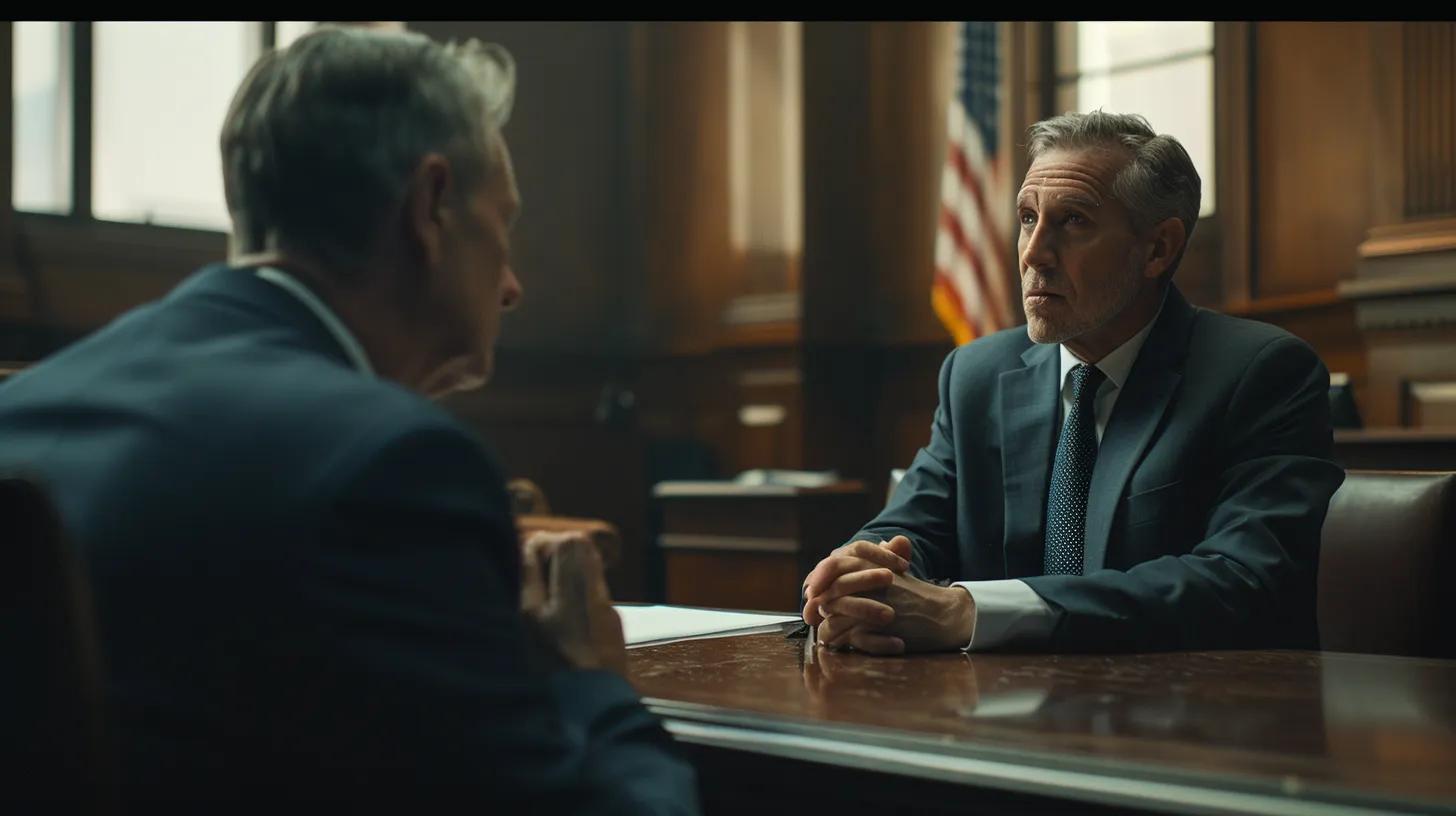 a tense courtroom setting captures a focused defense attorney discussing legal strategies with a concerned client, emphasizing the urgency of addressing a bench warrant amidst the stark, formal decor of the fullerton superior court.