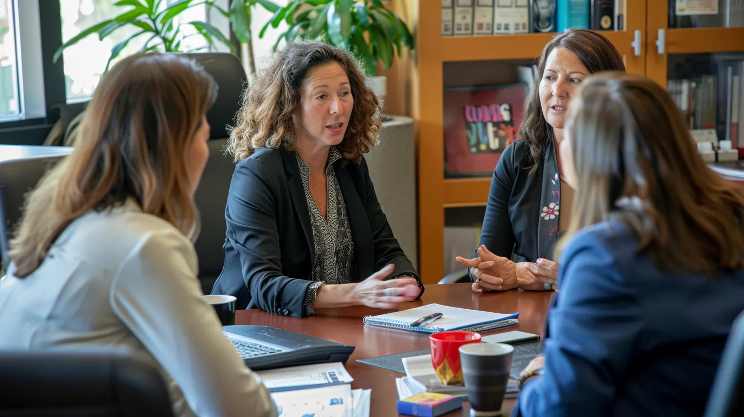 a focused and modern office environment showcases a diverse group of legal professionals engaged in a dynamic discussion, surrounded by informative materials on domestic violence law, symbolizing the pursuit of justice and support for victims.