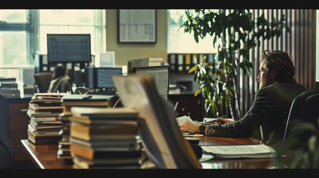 a bustling office environment showcases a focused attorney passionately discussing the record reparation process with a client, surrounded by piles of legal documents and computer screens displaying court schedules.
