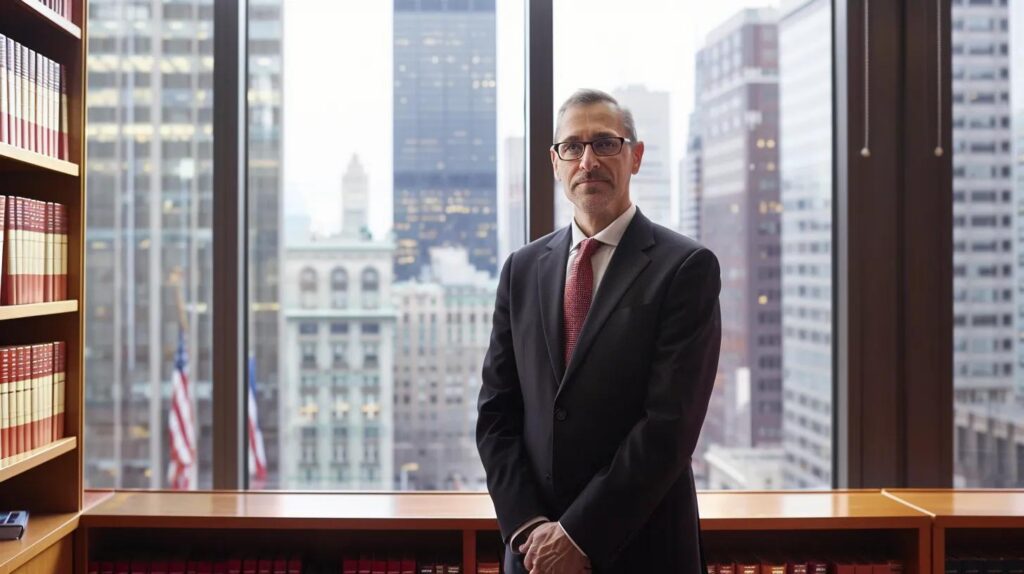 a commanding lawyer stands confidently in a sleek, modern office, surrounded by law books and a large window showcasing the urban skyline, embodying a sense of authority and determination in the face of legal challenges related to weapon charges.