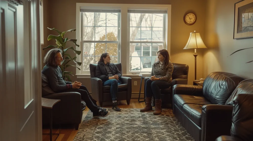 a compassionate family counseling session unfolds in a cozy, light-filled room, where supportive conversation fosters understanding and healing for families grappling with the challenges of dui charges.