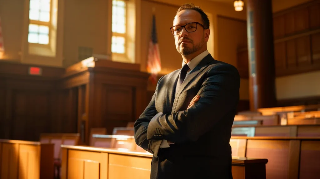 a confident and authoritative fullerton felony lawyer stands in a dramatic courtroom setting, bathed in warm light, commanding attention with a focused expression that reflects the weight of serious criminal cases.