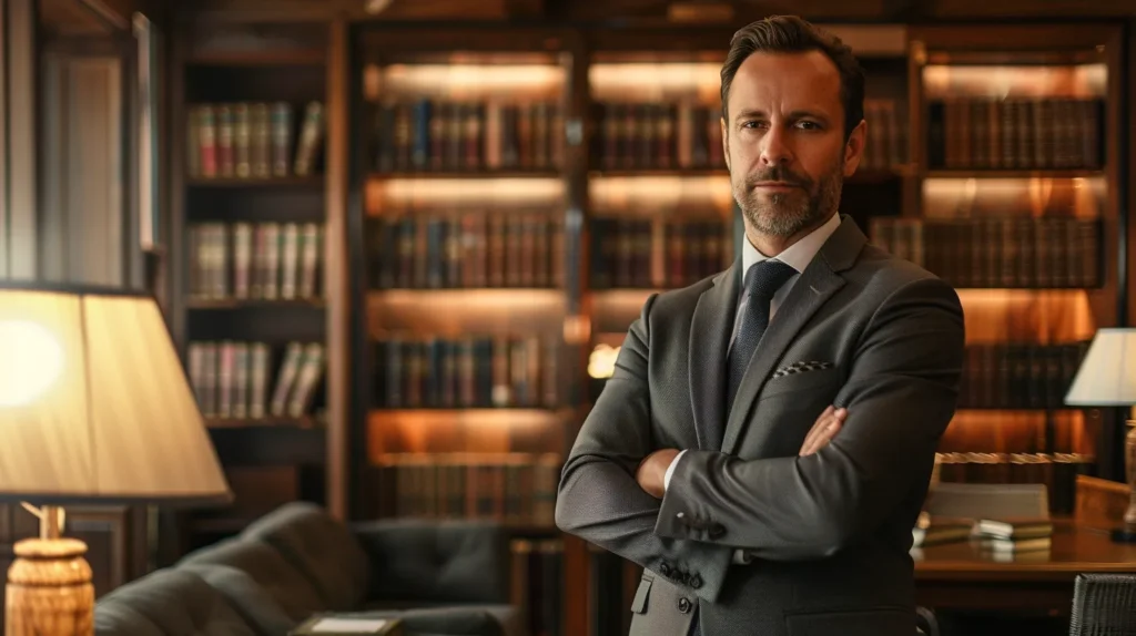 a confident, approachable criminal defense lawyer stands in a welcoming office filled with warm natural light, symbolizing affordable yet high-quality legal representation amidst books and legal documents.