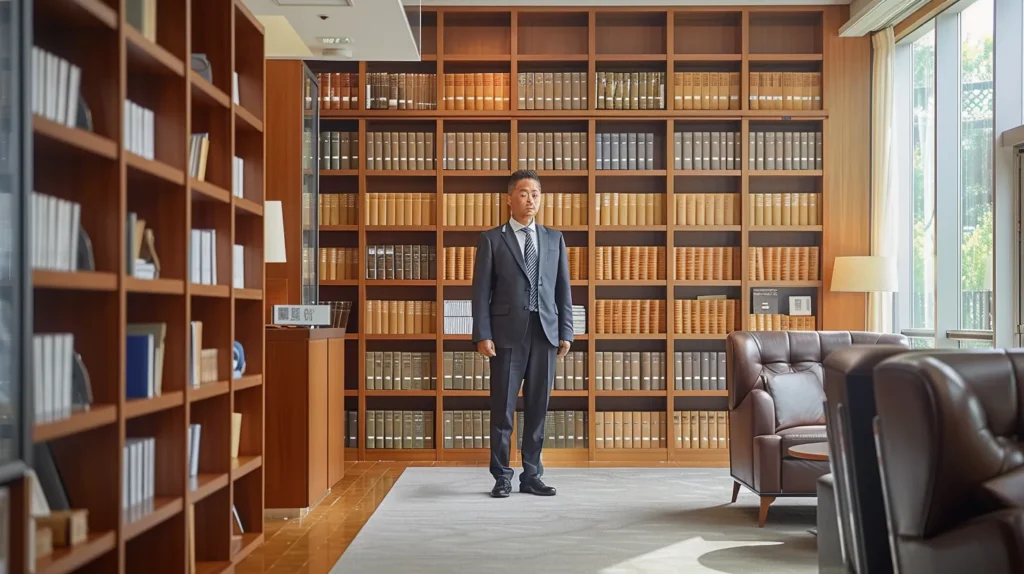 a confident attorney stands in a sleek, modern office, surrounded by bookshelves filled with legal texts, as they review a client's case file, symbolizing the thorough vetting process for legal representation in sensitive matters.