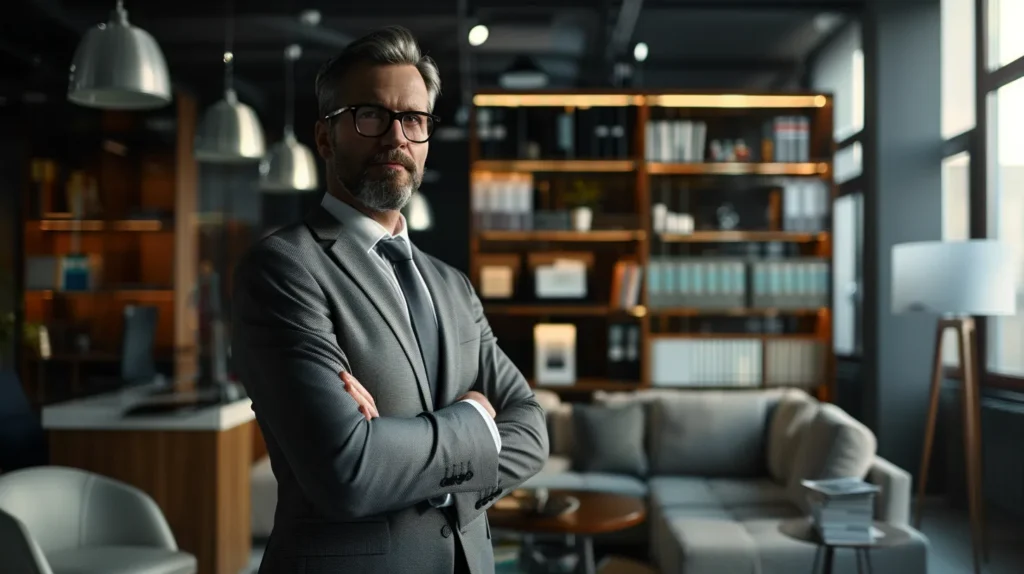 a confident attorney stands in a sleek, modern office, surrounded by legal books and documents, passionately explaining effective defense strategies against theft crimes to a focus group, illuminated by sharp overhead lighting that enhances the intensity of the discussion.