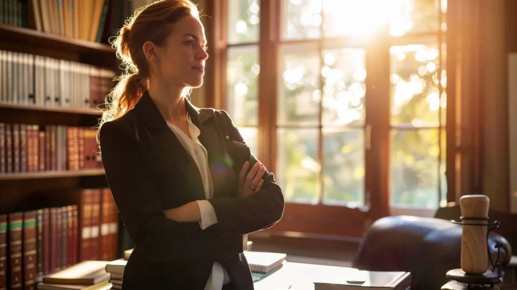 a confident attorney stands in a sunlit office, surrounded by legal books and documents, embodying professionalism and compassion while discussing important case details with a client seeking guidance on domestic violence issues.