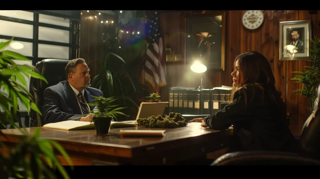 a confident client sits across a polished wooden desk from a knowledgeable marijuana possession attorney, with legal documents and cannabis-related books illuminated by warm, ambient lighting, symbolizing informed decision-making in a professional legal setting.