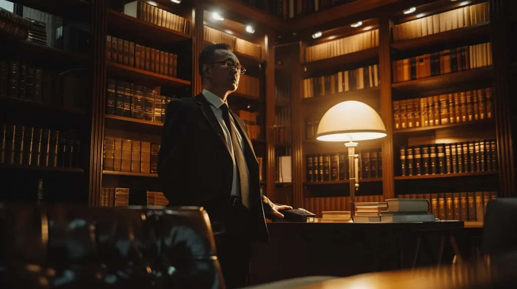 a confident defense lawyer stands in a modern, dimly lit office, surrounded by legal books and case files, engaging intently with a concerned client, symbolizing the pivotal support in navigating drug possession charges in fullerton.