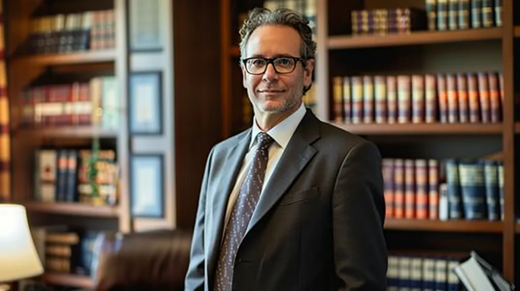 a confident dui defense attorney stands in a modern office, surrounded by law books and client reviews, conveying expertise and trustworthiness in a professional setting bathed in warm, inviting light.