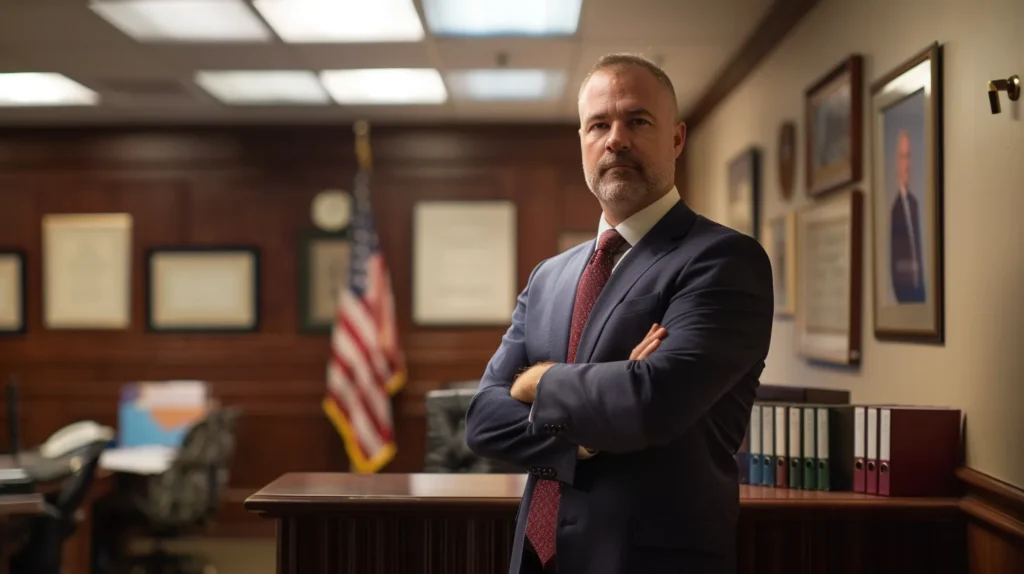 a confident expungement attorney stands in a sleek, modern law office, illuminated by bright overhead lights, with a backdrop of legal books and framed certificates, symbolizing professionalism and expertise in navigating the expungement process in orange county.