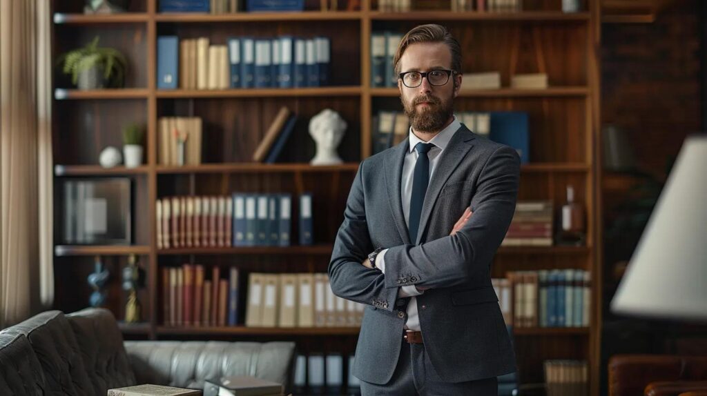 a confident felony defense attorney stands in a sleek, modern office filled with law books and legal documents, passionately discussing case strategies with a client, highlighting the advantages of specialized legal representation in serious felony charges.