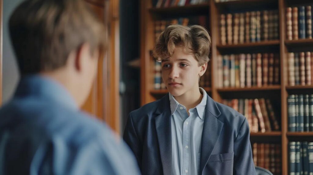 a confident juvenile crime lawyer stands in a sleek, modern office filled with law books and case files, engaging in a focused conversation with a concerned parent, showcasing the importance of skilled legal representation in navigating juvenile justice.