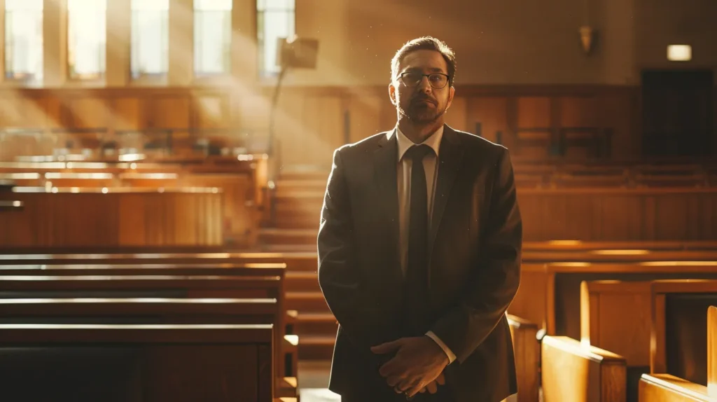 a confident lawyer stands in a modern, sunlit courtroom, passionately presenting a compelling defense strategy, surrounded by law books and a thoughtful jury, highlighting the theme of justice and integrity.