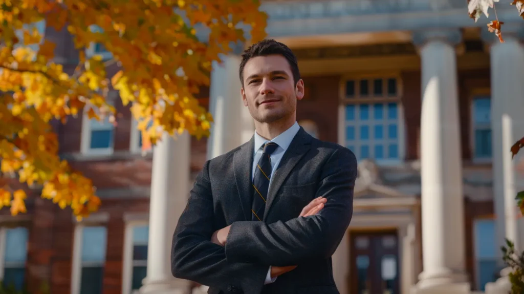 a confident local attorney stands in front of a historic courthouse, exuding professionalism and trustworthiness, surrounded by vibrant autumn leaves that symbolize community and resilience in the face of challenges.