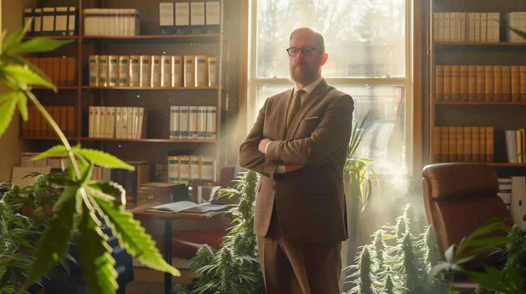a confident marijuana possession attorney stands in a sunlit law office, exuding professionalism and empathy, surrounded by shelves of legal books and a large window showcasing a serene garden.