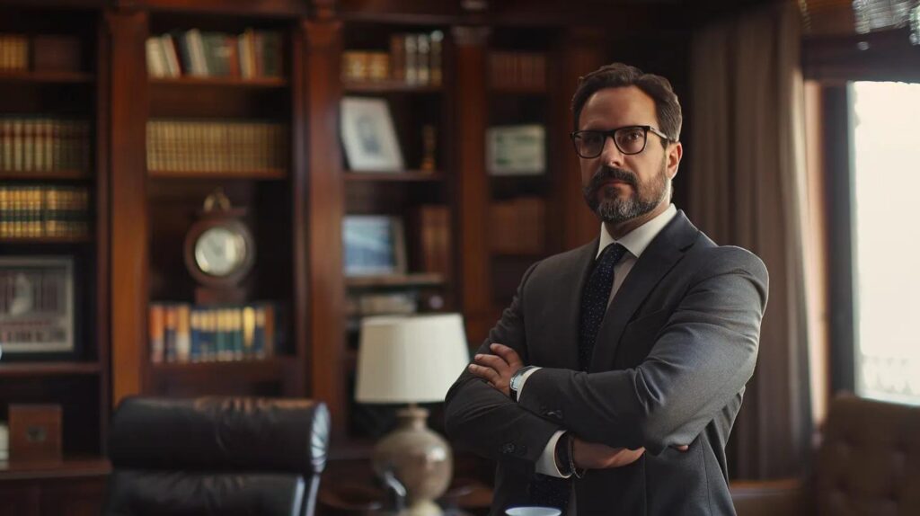 a confident spousal abuse defense lawyer stands in a modern, elegantly furnished office, exuding professionalism and empathy as they engage with a client, surrounded by bookshelves filled with legal texts and a warm, inviting ambiance.