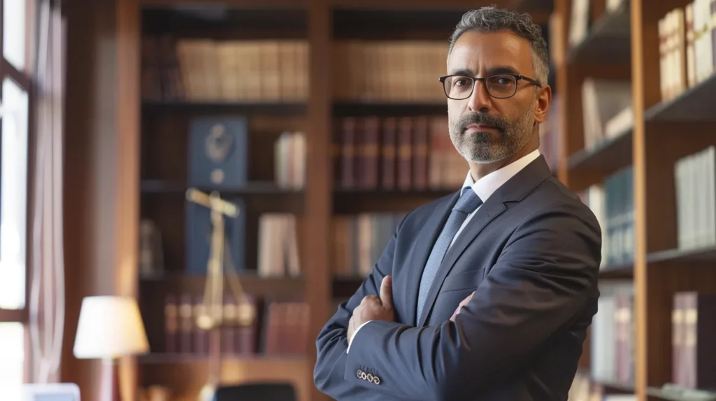 a determined attorney stands confidently in a modern law office, surrounded by legal books and documents, conveying a message of empowerment and knowledge about rights in the context of marijuana charges.