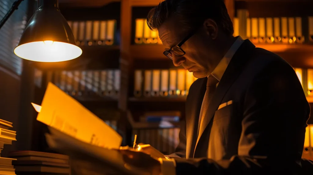 a determined attorney studies a collection of evidence, including detailed documents and digital media, illuminated by the warm glow of an office lamp, reflecting the intensity of preparing a strong dui defense in a modern san diego law office.