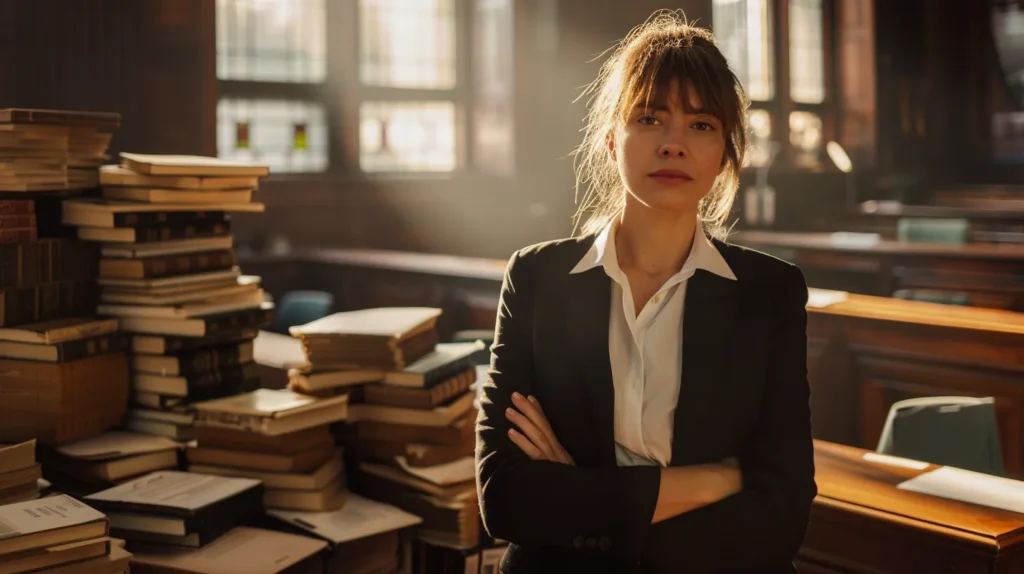 a determined domestic violence lawyer stands confidently in a sunlit courtroom, surrounded by piles of legal documents and case files, symbolizing the strength and advocacy needed to protect victims' rights.