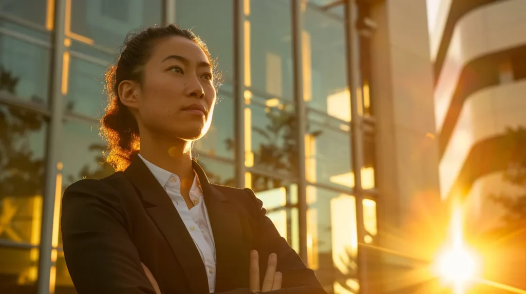 a determined drug crime lawyer stands confidently outside a modern courthouse in fullerton, california, with the sun setting behind, casting a warm golden light that highlights the urgency and hope in their expression.