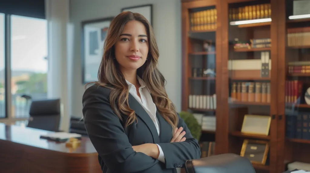 a determined fullerton misdemeanor attorney stands confidently in a modern law office, surrounded by legal books and documents, embodying expertise as she prepares to advocate for justice in a well-lit, professional environment.