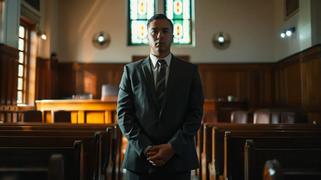 a determined individual dressed in professional attire stands confidently in a well-lit courtroom, a focused expression on their face as they prepare to navigate the intricate legal process surrounding a dui case.
