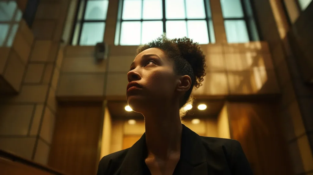 a determined individual stands confidently at a courtroom entrance, illuminated by soft, focused lighting that highlights their resolute expression, symbolizing the journey of navigating legal options amidst misdemeanor charges.