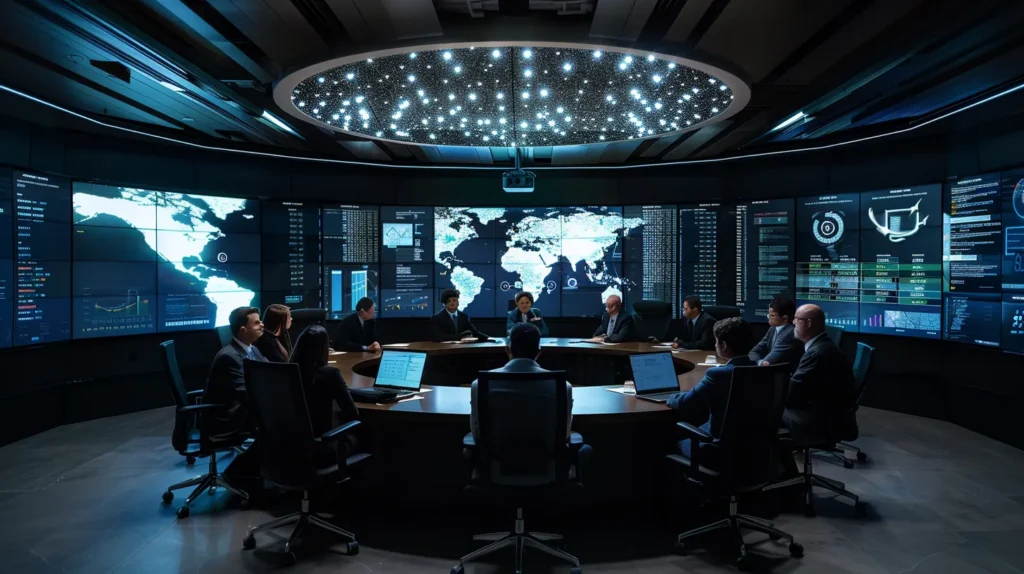 a determined legal team engages in a focused strategy session around a sleek conference table, surrounded by digital screens displaying complex data and case elements, emphasizing their tactical approach to defending against hit and run charges.