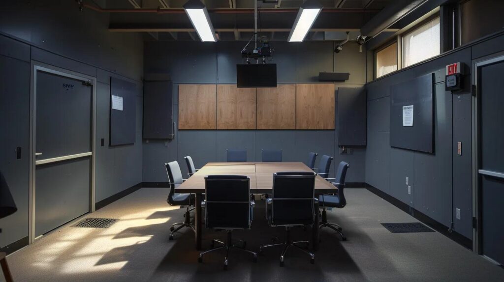a dimly lit interrogation room in an orange county police station features a tense atmosphere with a backdrop of stark gray walls, where an attorney is engaged in a serious discussion with a client, emphasizing the urgency of invoking legal rights post-arrest.