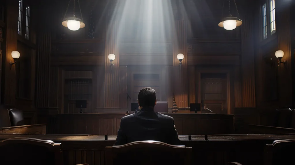 a dramatic courtroom scene captures a poised defense attorney presenting compelling evidence, with the tension of justice and the stakes of dui charges palpable in the air, illuminated by focused overhead lighting and an intense atmosphere.