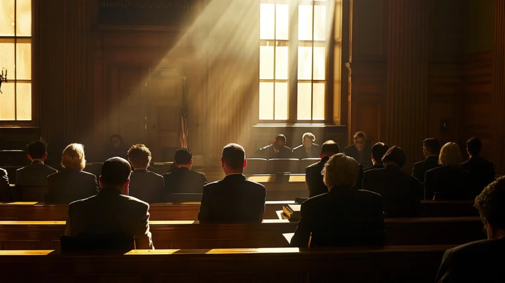 a dramatic courtroom scene captures a tense moment as legal experts discuss the complexities of self-defense, highlighted by a stark contrast of shadows and soft light illuminating the somber expressions of the jurors and the accused.