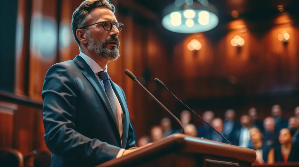 a dramatic courtroom scene captures a confident defense attorney passionately arguing a case, illuminated by stark overhead lights, with tense spectators in the background, emphasizing the stakes of the criminal justice process.
