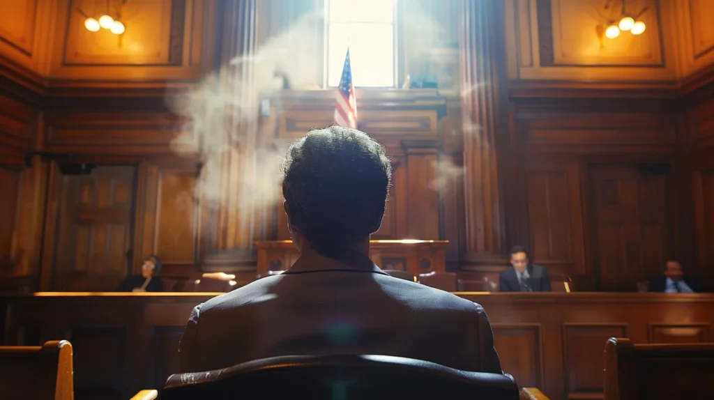 a dramatic courtroom scene captures the intensity of a battery defense case, featuring a focused attorney presenting compelling evidence amidst a tense atmosphere, illuminated by stark overhead lighting.