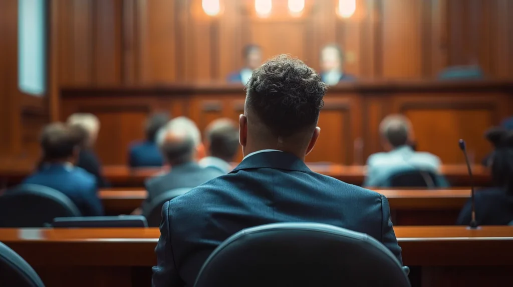 a dramatic courtroom scene captures a poised defendant confidently seated at the witness stand, illuminated by focused light as attentive jurors and a stern judge listen intently, symbolizing the tension and seriousness of a battery case.