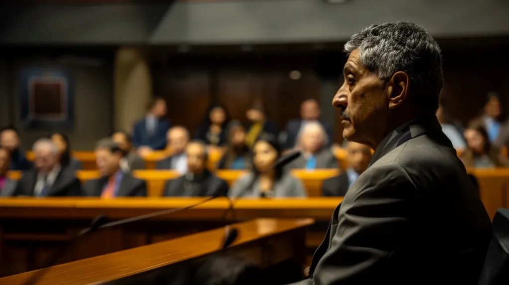 a dramatic courtroom scene captures the intensity of a legal battle, featuring a focused attorney analyzing evidence and witness statements amidst a backdrop of solemn jurors and a presiding judge, all illuminated by moody overhead lighting.