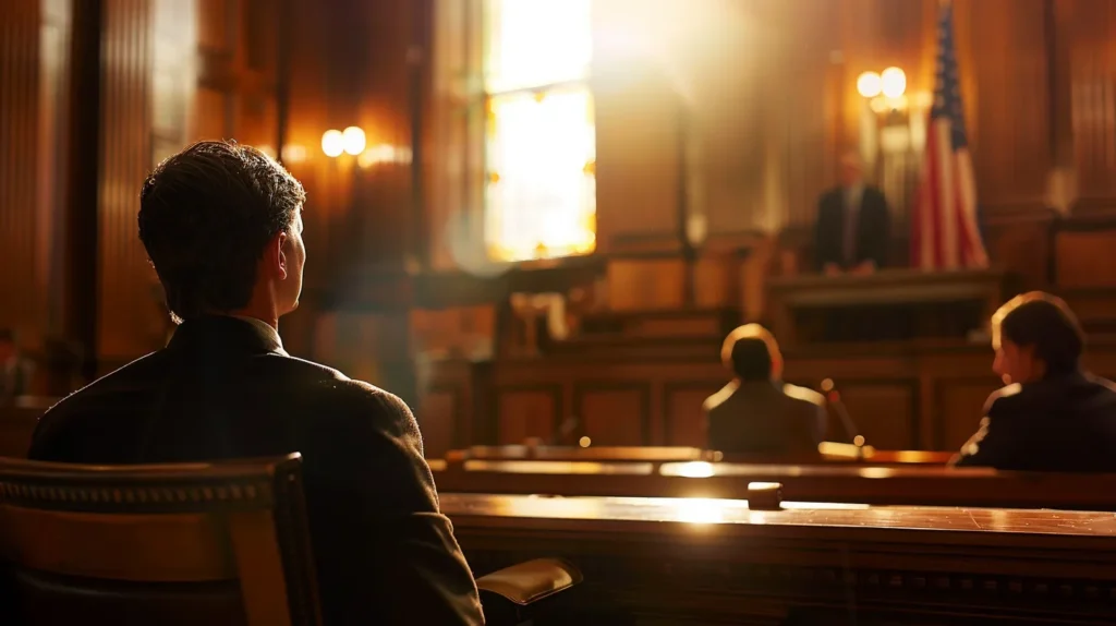 a dramatic courtroom scene captures the intense atmosphere of a legal proceeding, illuminated by stark overhead lights, with a focus on the solemn expressions of the attorney and judge, symbolizing the weight of justice in stolen goods cases.