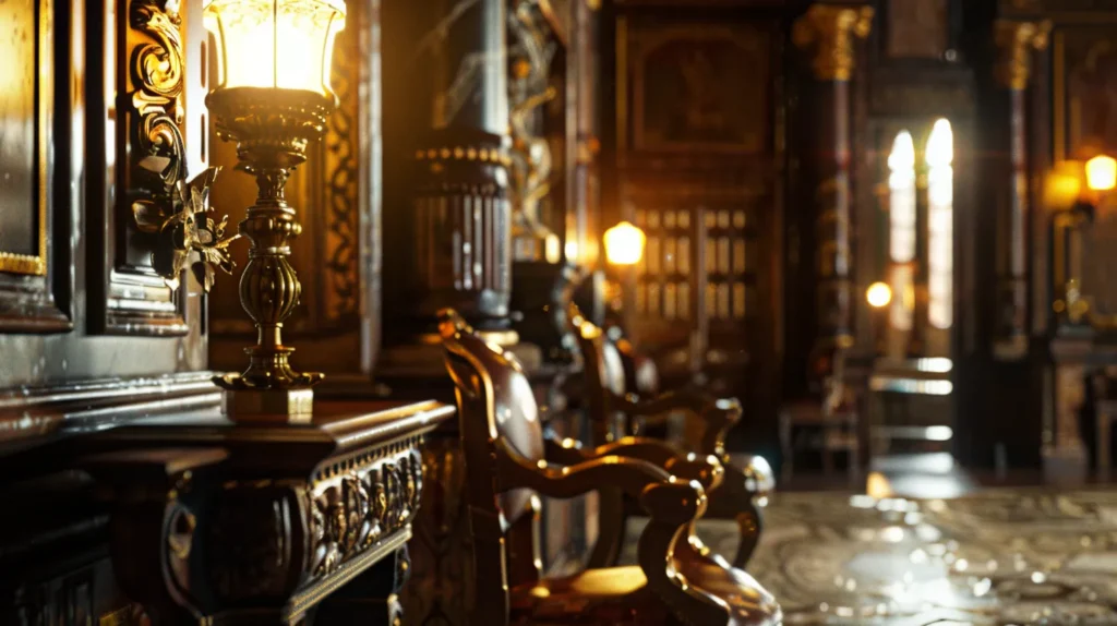a dramatic courtroom scene in fullerton, california, highlighting a tense moment during an assault and battery defense trial, with focused lighting illuminating the defendant’s serious expression amidst a backdrop of ornate wooden decor and attentive jurors.