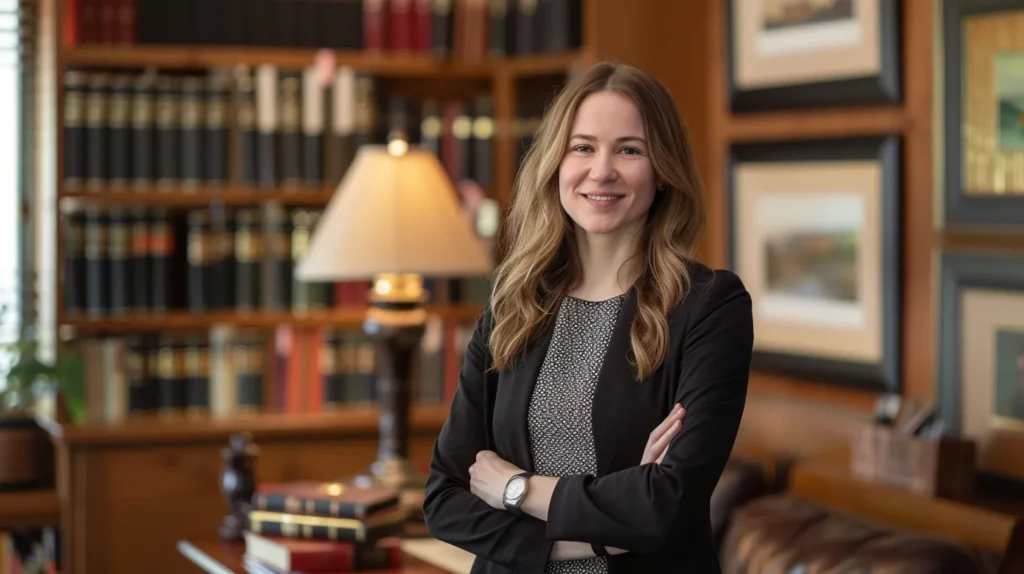 a focused and determined expungement attorney stands confidently in a professional office, with law books and a warm, inviting ambiance highlighting their commitment to helping clients seek a fresh start.
