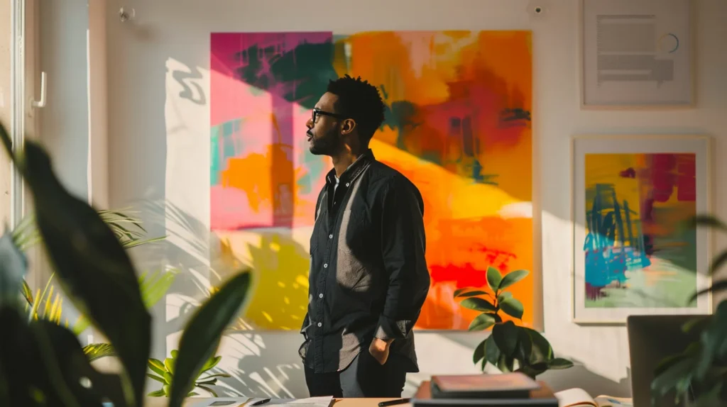 a focused and determined individual stands confidently in a modern office, surrounded by documents and a laptop, symbolizing empowerment and new opportunities following expungement, with a bright wall featuring abstract art that suggests a fresh start and positive transformation.