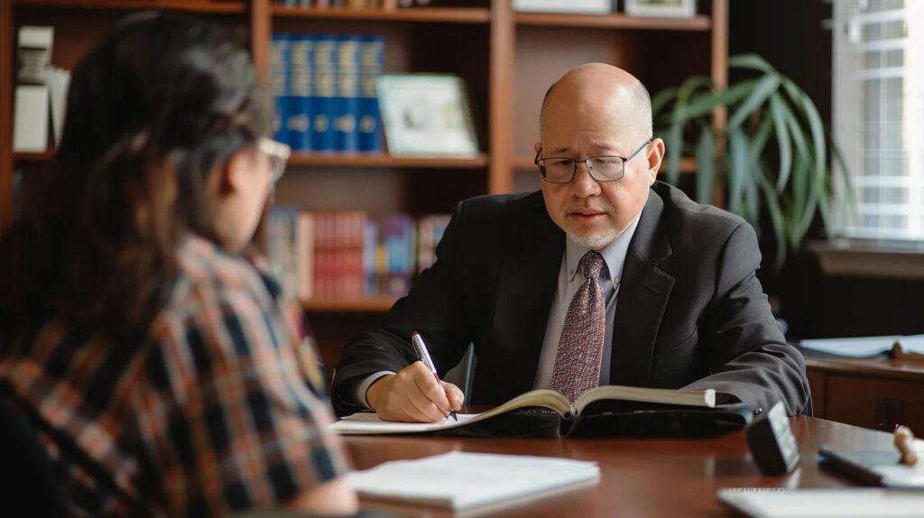a focused and determined orange county felony defense lawyer in a modern office, surrounded by legal documents and case files, engages in a strategic discussion with a client, illustrating the critical role of defense in protecting legal rights amidst a backdrop of professionalism and urgency.