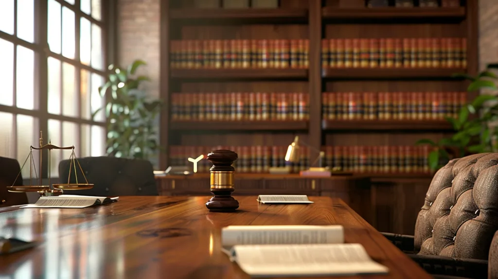 a focused and modern legal office meeting room, featuring an attentive client sitting across a polished conference table from a knowledgeable attorney, with legal books and documents prominently displayed in the background, emphasizing the theme of support and guidance for individuals facing theft charges.