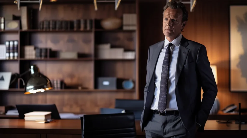 a focused and professional defense lawyer stands confidently in a sleek, modern office, engaging in a strategic discussion over case files, highlighting their crucial role in navigating the complexities of hit and run legal cases.